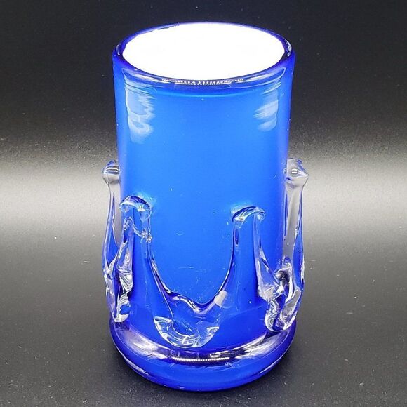 Murano Style Vintage Cobalt Blue White Cased Clear Rigaree Art Glass Vase - Picture 10 of 10